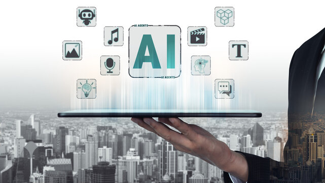 Hand Holding Tablet with AI Icons Above Cityscape Representing Future Technology and Digital Innovation in Urban Environment Quark.