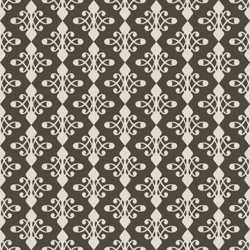 Elegant dark taupe and cream seamless vector pattern featuring ornamental damask scrollwork and ogee flourishes. Ideal for vintage wallpaper, upholstery, and luxury textiles