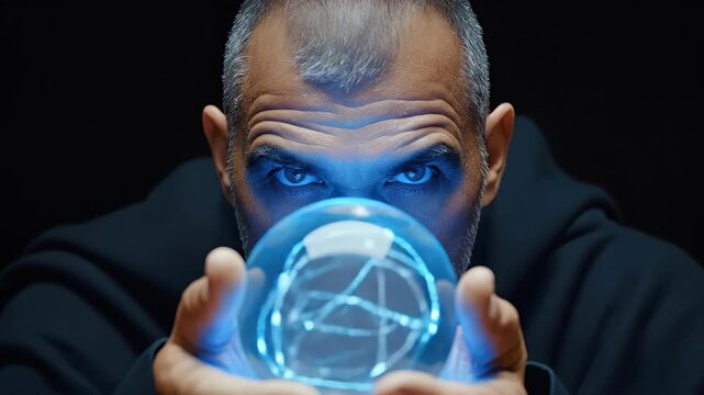 Elderly caucasian man gazing into crystal ball with intense focus. The concept of mysticism, rituals, astrology, fortune-telling, shamanism, tarot, seers, clairvoyants