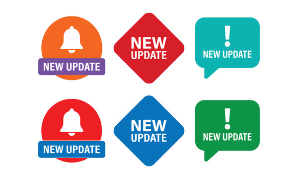 A collection of colorful new update icon designs featuring notification bells and speech bubbles for modern website interface elements