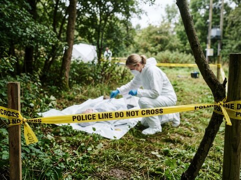 Forensic Investigator Examines Scene Beneath Police Tape