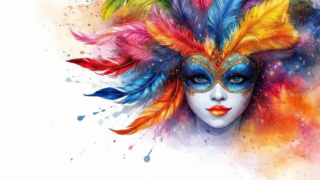 Colorful feathered mask on woman's face with vibrant splashes of paint. Happy Purim