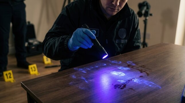Forensic Investigator Examines Surface With UV Light Reveals Invisible Traces