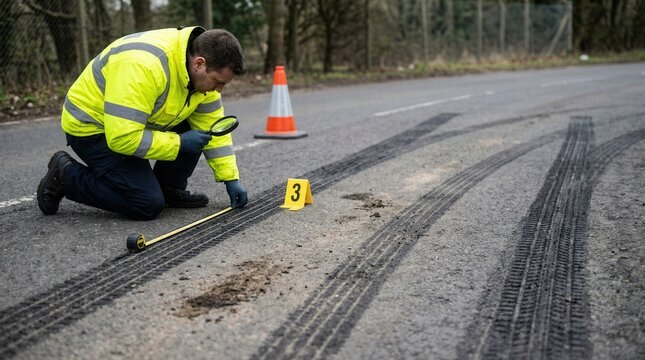 Forensic Investigator Examines Tire Marks At Accident Scene