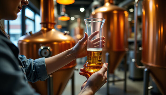 Brewmaster assessing wort density with hydrometer in a modern craft brewery during oktoberfest celebration