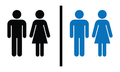 A simple flat design icon set showing male and female restroom figures in black and blue color variations © MstSanara