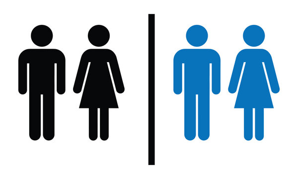 A simple flat design icon set showing male and female restroom figures in black and blue color variations