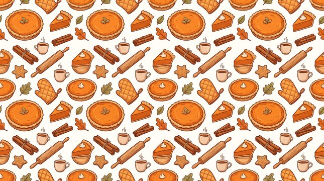 Seamless pattern with pumpkin pies, cinnamon sticks, rolling pins, oven mitts, and coffee cups, d
