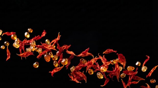 Red safflower petals and golden translucent beads floating in a dynamic stream against black background with horizontal motion against petals smooth amber
