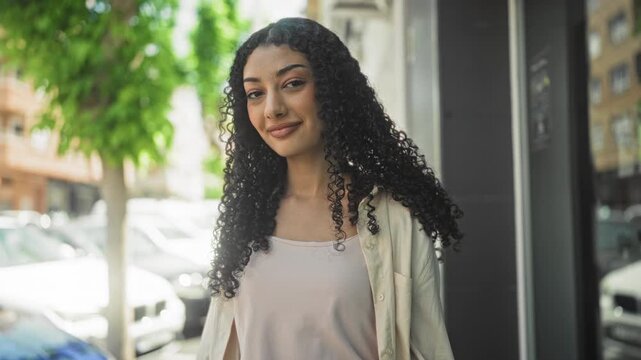 Young woman smiling with face and curly hair visible, standing and leaning by a storefront door on a sunlit city street; serenity.