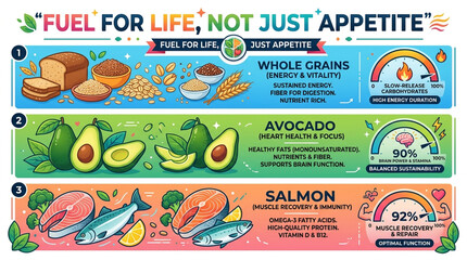 Fototapeta premium Healthy Nutrition Infographic Banner Featuring Whole Grains Avocado and Salmon for Wellness
