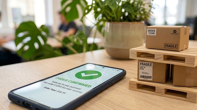 Smartphone showing order confirmation screen lies beside miniature delivery boxes on wooden pallets.