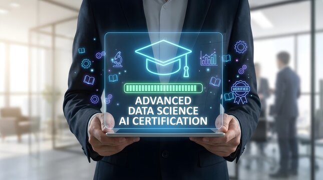 Business professional holding a digital tablet displaying advanced data science and artificial intelligence certification