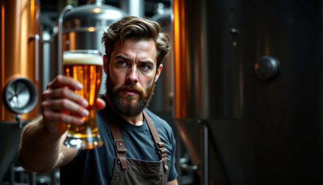 Expert brewer analyzing a glass of artisanal beer at a brewery during a festive oktoberfest event
