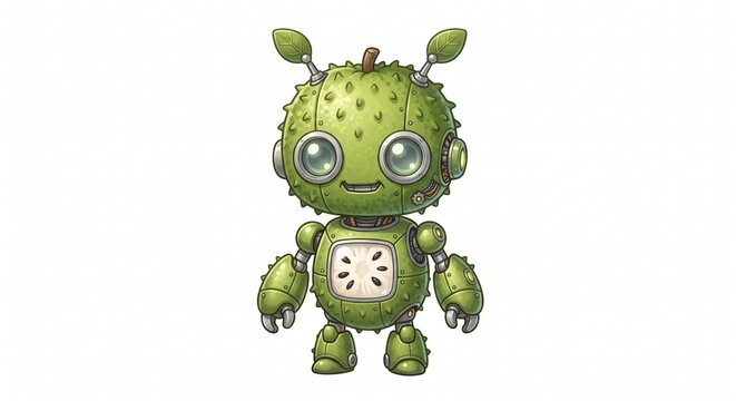 Cute chibi robot character designed as a green soursop fruit