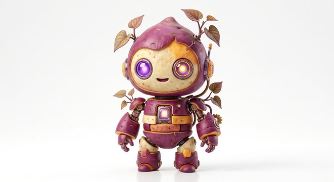 Cute chibi robot character designed as a purple sweet potato with green vines