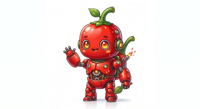 Cute chibi robot character designed as a red tomato with a small exhaust flame