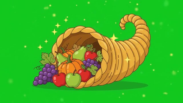 Cornucopia overflowing with fresh fruits and vegetables on a green background.
