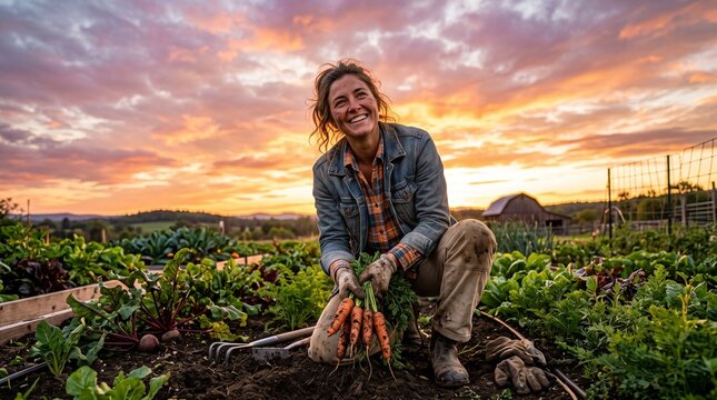 Joyful farmer woman harvesting carrots at sunset in organic garden with barn and rolling hills in background