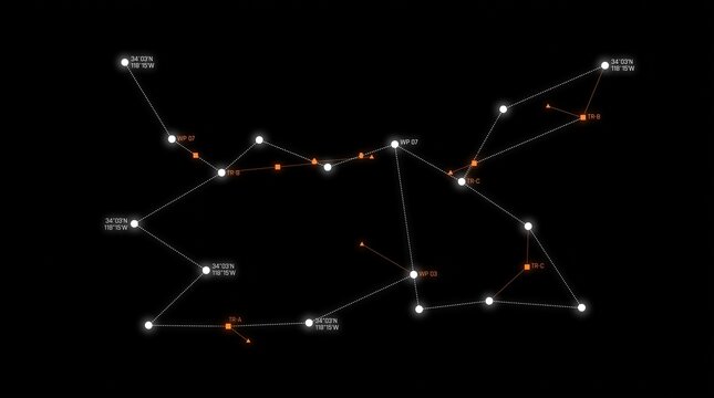 Digital navigation map showing gps coordinates and transit markers connected by dashed lines on a black background with complex network glowing