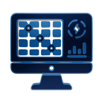 A blue glowing icon of a computer monitor displaying a grid map and energy data charts representing smart grid monitoring on a dark background isolated on a transparent background