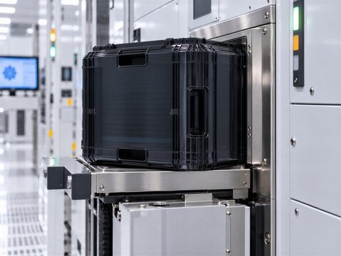 Dark 300 mm FOUP securely docked to a semiconductor process tool load port, illustrating wafer carrier interface, production readiness and advanced automated chip manufacturing workflow