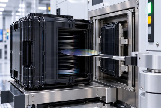 Semiconductor load port removing the front door from a docked 300 mm FOUP, revealing wafer slots during automated carrier opening, contamination control and precision fab processing