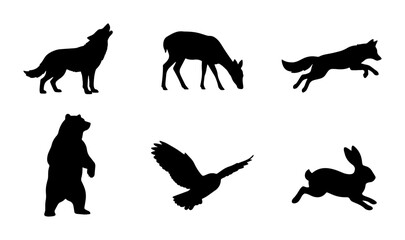 Obraz premium Wild Animal Silhouettes: Wolf, Deer, Fox, Bear, Owl, Rabbit Vector Icons for Nature and Wildlife Designs