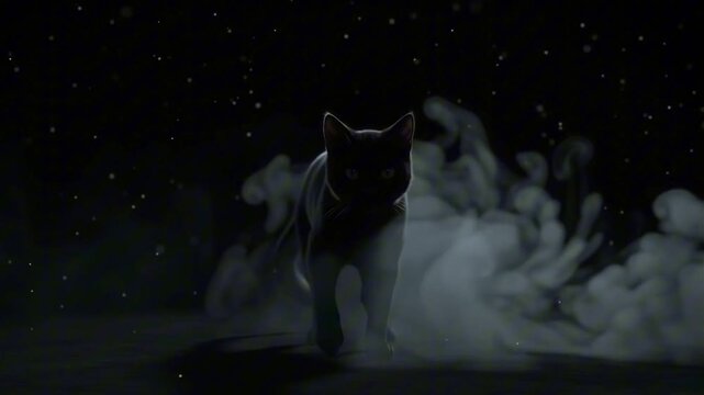 Cinematic 3D Render of a Mysterious Black Cat Walking in Dark Fog with Floating Particles