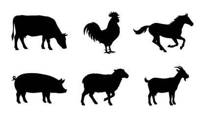 Fototapeta premium Farm Animal Silhouettes: Cow, Rooster, Horse, Pig, Sheep, Goat Vector Icons for Agriculture and Livestock Concepts