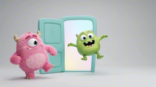 3D Render of Cute Fluffy Cartoon Monsters Emerging from a Magical Door and Jumping Joyfully