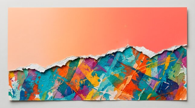 Abstract painting of colorful waves against a warm sunset sky background