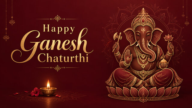 Festive ganesh chaturthi devotional background featuring lord ganesha puja golden line art glowing diya deep red backdrop lotus seat and traditional ornaments
