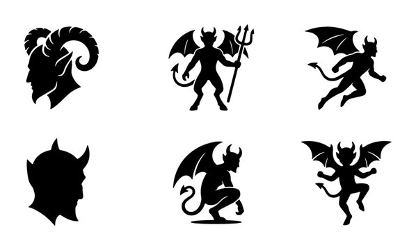 Demon Silhouettes Collection, Devil Icons Set, Evil Character Vector Graphics, Fantasy Creature Symbols