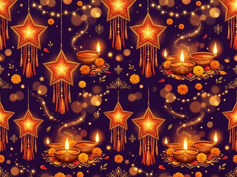 Glowing Diwali seamless pattern featuring traditional diya oil lamps, star lanterns, and marigolds on a dark purple background.