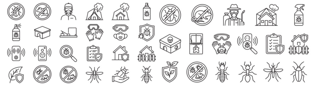 Pest Control And Insect Protection Line Art Icon Set With Traps Sprays Masks And Safety Symbols