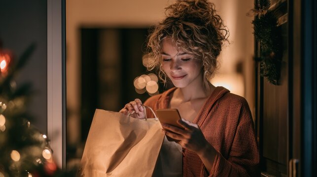A young woman ordering takeout food at the door on Christmas Eve, wearing cozy pajamas, casual independent holiday lifestyle