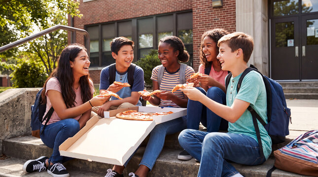 Diverse group of happy students eating pizza together on school steps outdoors