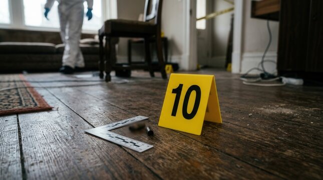 Forensic Investigation Crime Scene Evidence Marker Number Ten On Wooden Floor