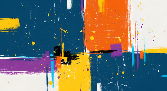 Dynamic abstract art showcasing a vibrant interplay of complementary colors with expressive brushstrokes and paint splatters, creating a modern artistic composition