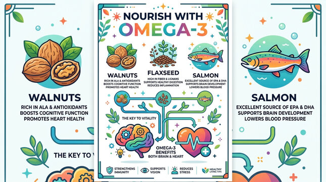 Educational Infographic Poster of Omega-3 Nutrition Benefits and Food Sources