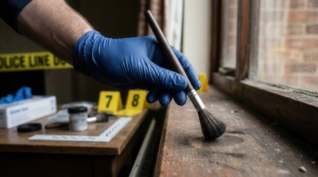 Forensic Investigator Brushes For Evidence At A Crime Scene