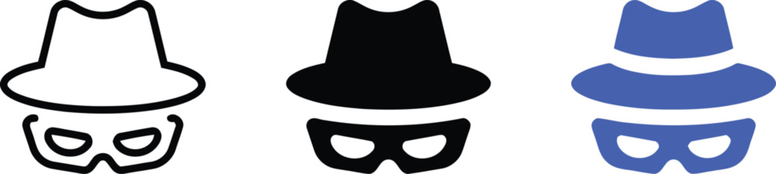 Incognito icon. Anonymous symbol with hat and mask. Spy agent sign. Hacker vector illustration. Privacy security pictogram. Anonymous person identity.