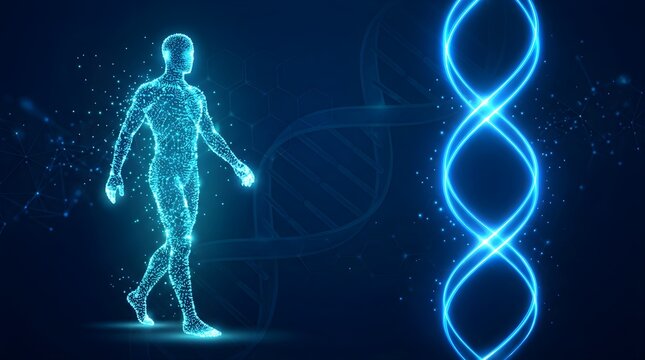 Digital human silhouette walking next to a glowing blue dna double helix structure
