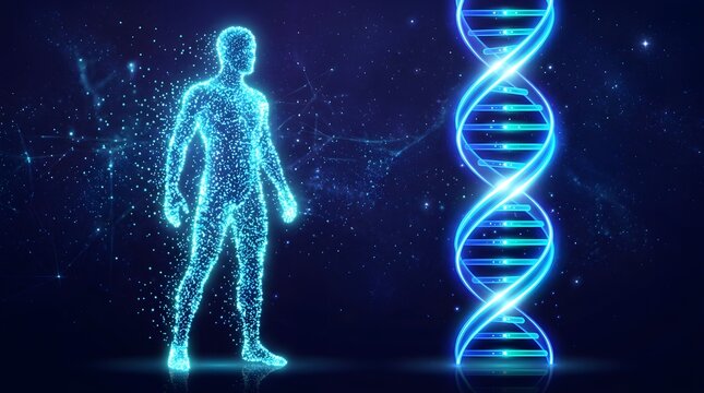 Digital human silhouette standing next to a glowing blue dna double helix structure model