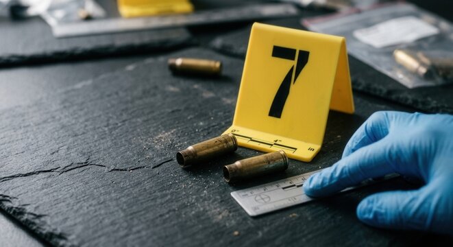 Forensic Investigation Scene Evidence Bullet Casings Measured By Investigator