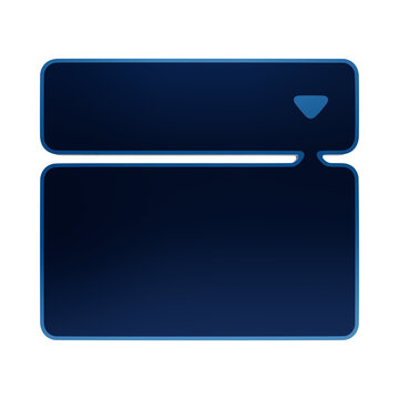A glossy blue dropdown menu icon featuring a rectangular container and a small arrow, rendered in a 3D style, isolated on a white background, for web isolated on a transparent background