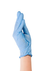 Fototapeta premium Blue gloved hand with all fingers folded inward