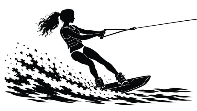 Black silhouette of wakeboarder riding across splashing water while holding tow rope, watersport action, speed, recreation and adventure