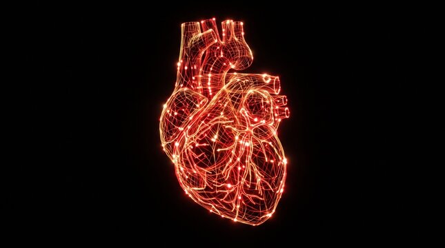Digital wireframe of a human heart glowing with red and gold light against a black background with three dimensional wireframe heart glows interconnected
